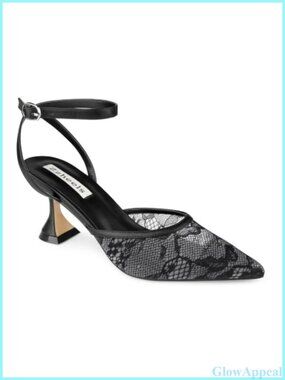 Clear Rhinestone Pointed Toe Flared Heel Lace Ankle Strap Pumps